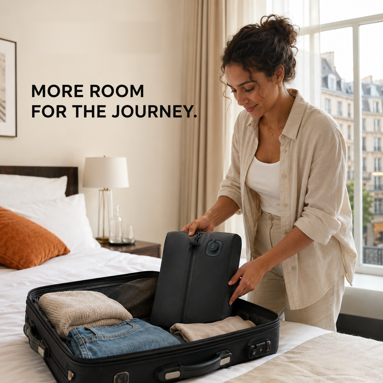 Traveler packing SlimMyBag into a suitcase